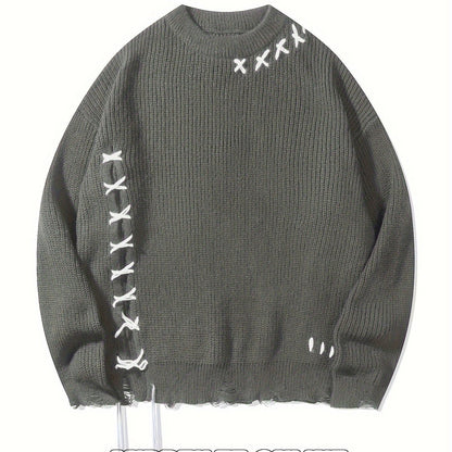 Unisex Strickpullover Schwarz mit Kreuzstich-Details und Destroyed-Effekt