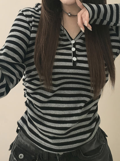 Damen Langarmshirt gestreift mit Knopfleiste