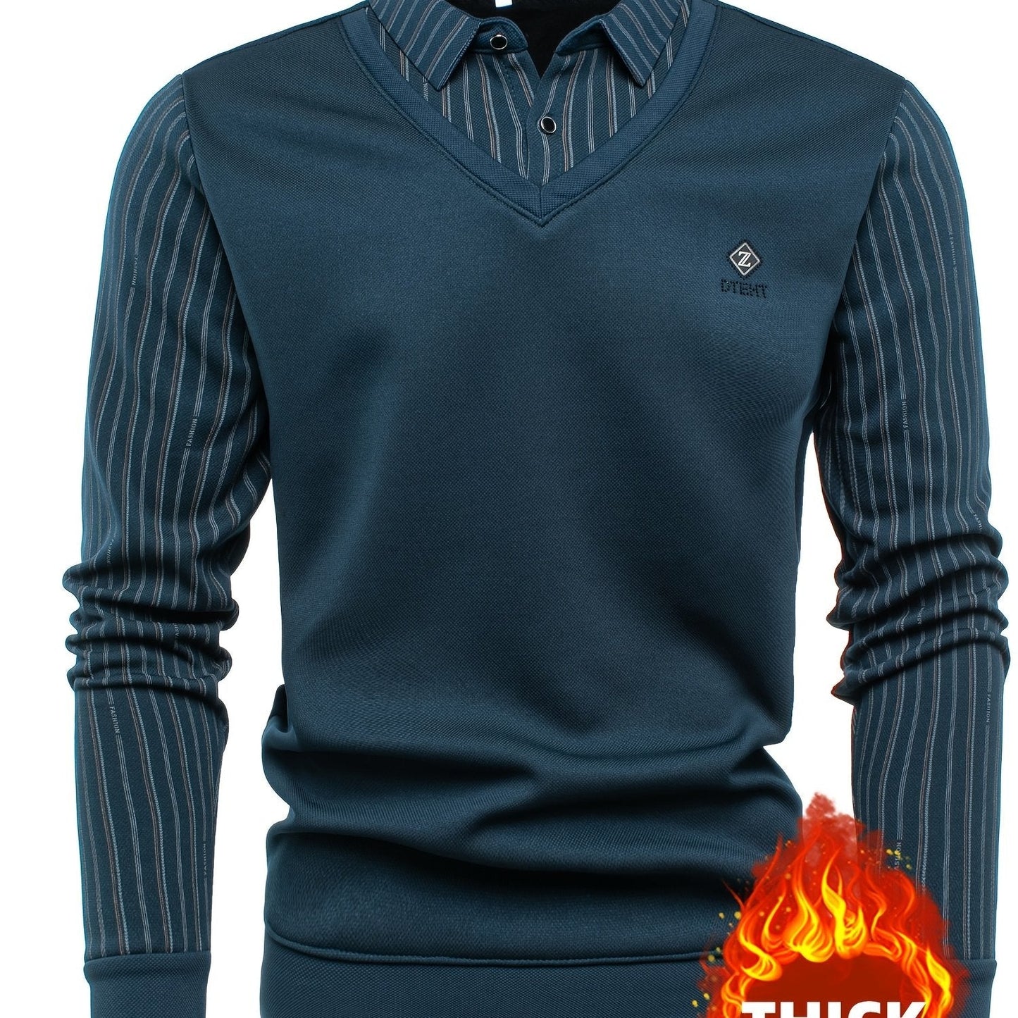 Men's long-sleeve shirt with a V-neck, sweater-style look, and striped sleeves