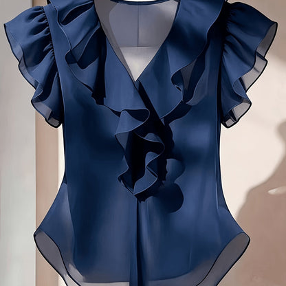 Women's blouse with ruffles and V-neck – Elegant frilled blouse for office and leisure