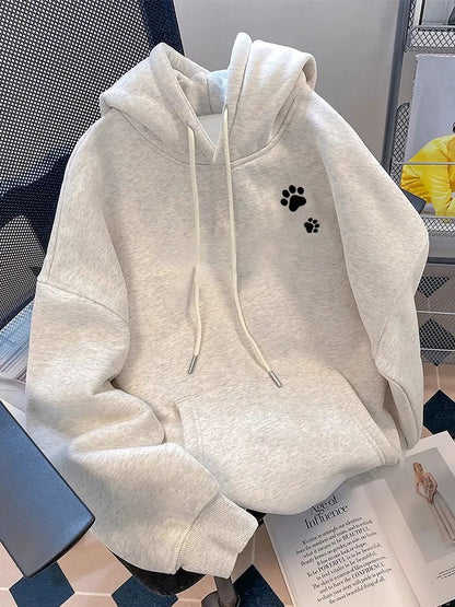 Gray hoodie with cat print, unisex pullover hoodie