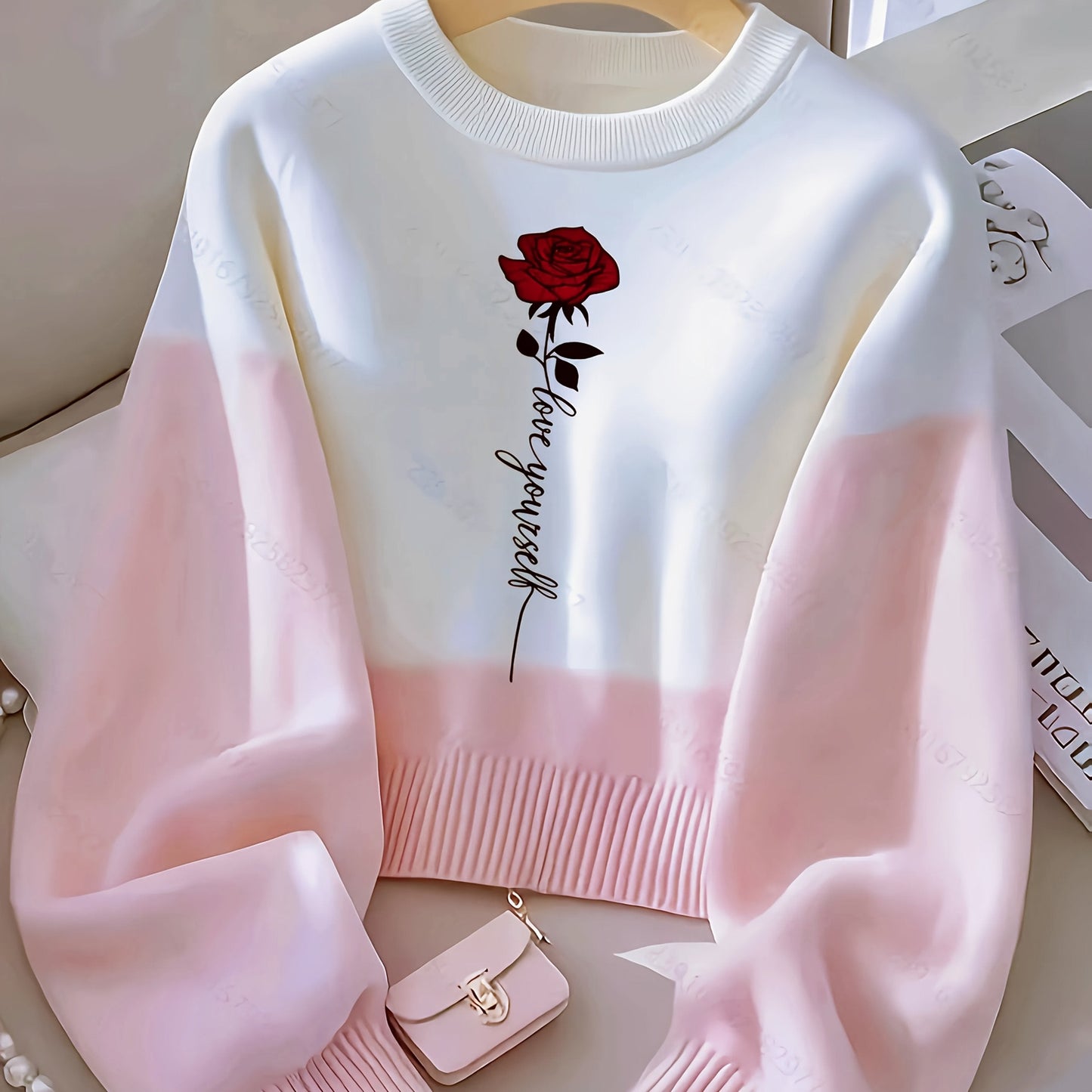Women's sweatshirt with rose print, long sleeves, crew neck, white-pink