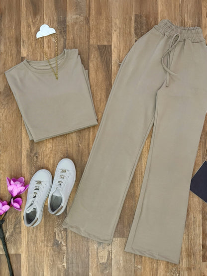Two-Piece Lounge Set for Women, Crop Top & Wide-Leg Pants, Beige