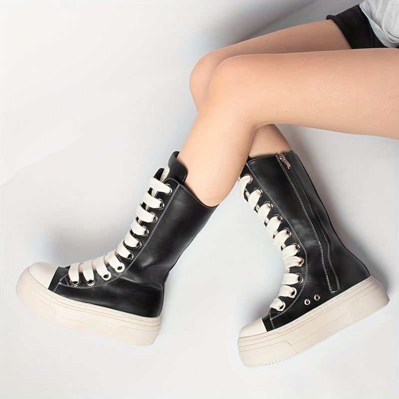 Platform High-Top Boots Black White with Lacing
