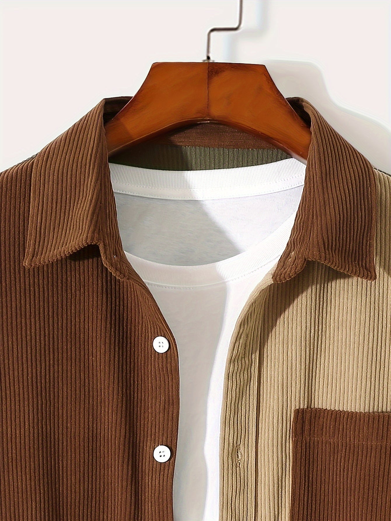 Herren Hemd Cord Patchwork Langarm Knopfleiste Braun Beige Khaki