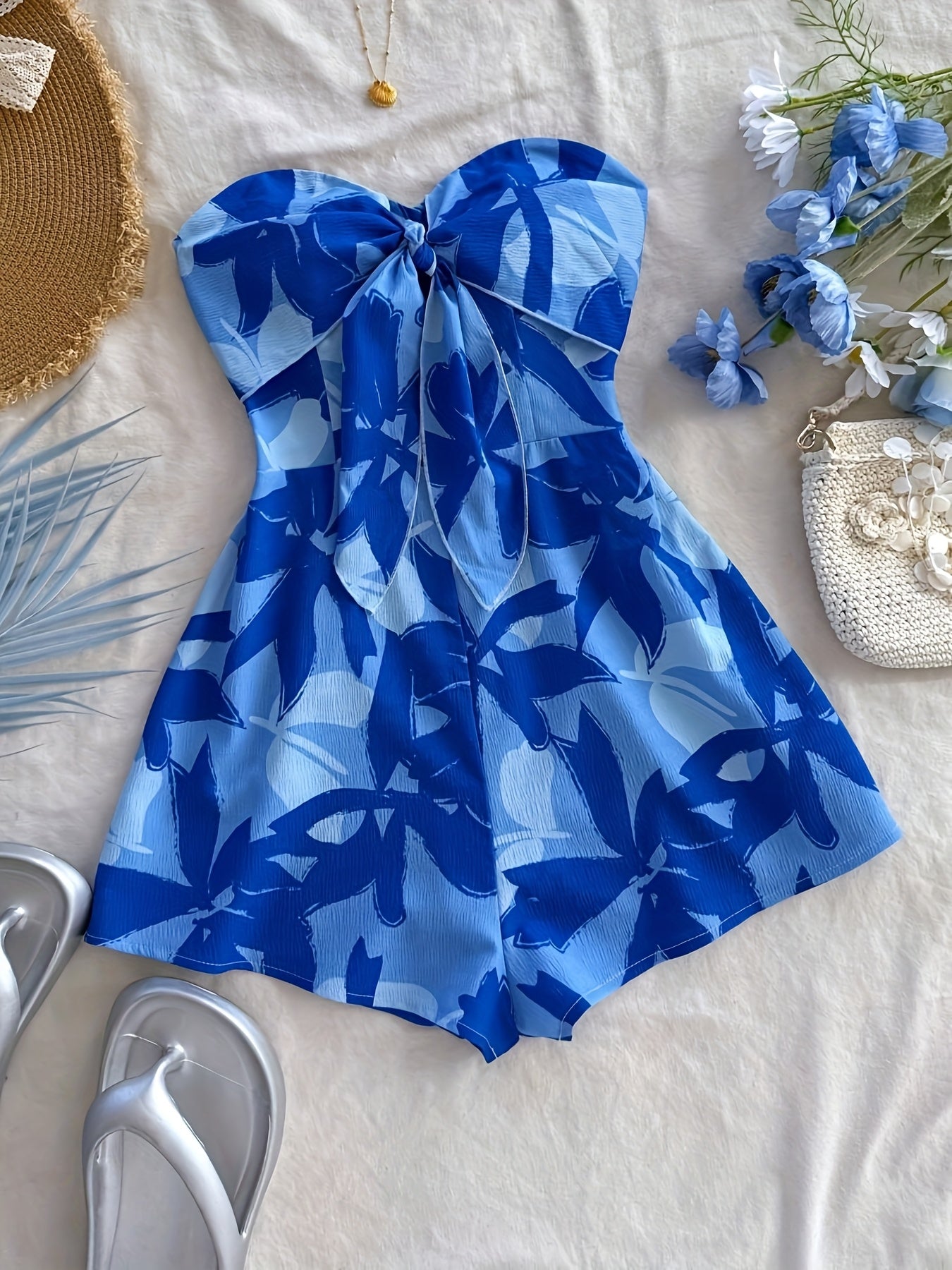 Women's Bandeau Summer Jumpsuit Playsuit with Floral Pattern and Bow Detail – Perfect for Vacation and Leisure