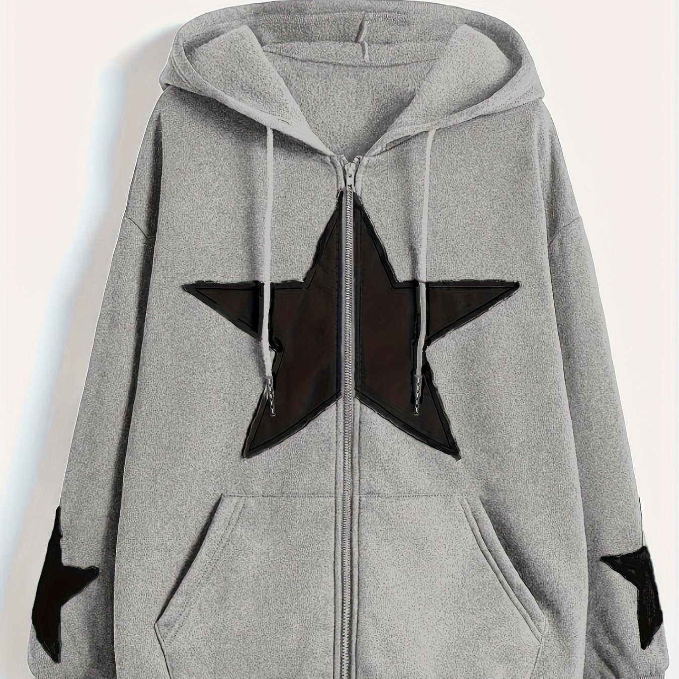 Unisex Kapuzenjacke mit Reißverschluss, Oversize, Stern-Applikationen, Kordelzug, Kängurutaschen