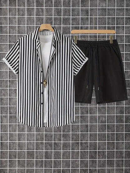 Men's Summer Set – Modern Casual Outfit with Striped Short-Sleeve Shirt and Shorts, Ideal for Vacation & Everyday Wear