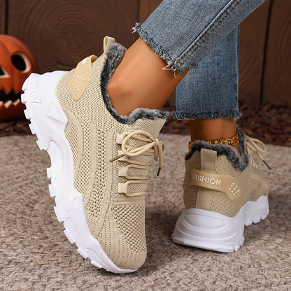 Damen Sneaker mit Strick-Obermaterial und Futter in Pelz-Optik Rot