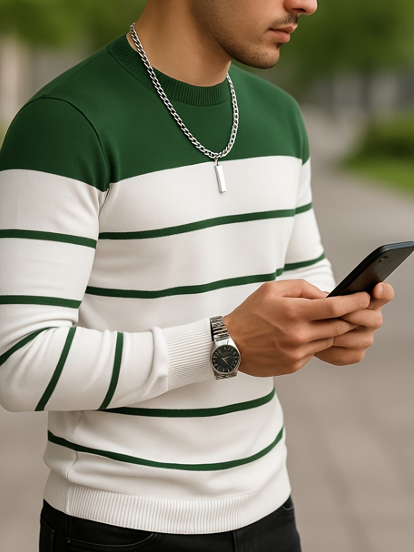 Men's striped crew-neck long-sleeve sweater, green and white