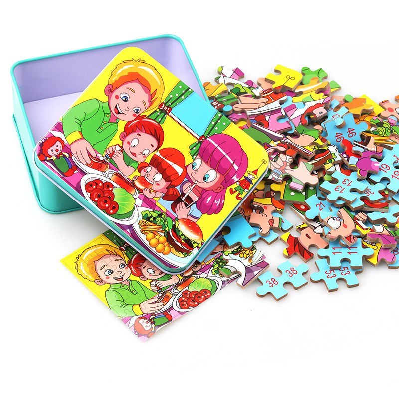 Children's Wooden Puzzle Set – Colorful Educational Toys in Storage Metal Box, from 3 Years, Unisex