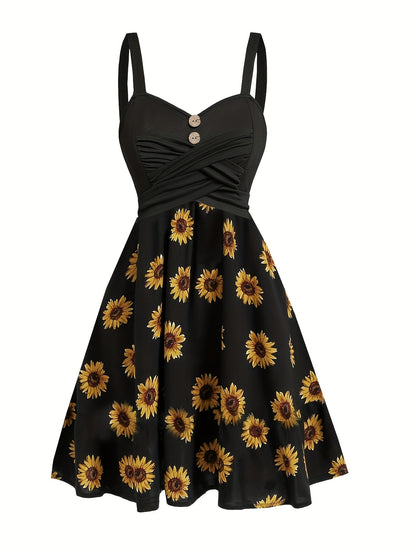 Damen Vintage Sommerkleid A-Linie mit Sonnenblumenmuster – Perfekt für Alltag und Freizeit