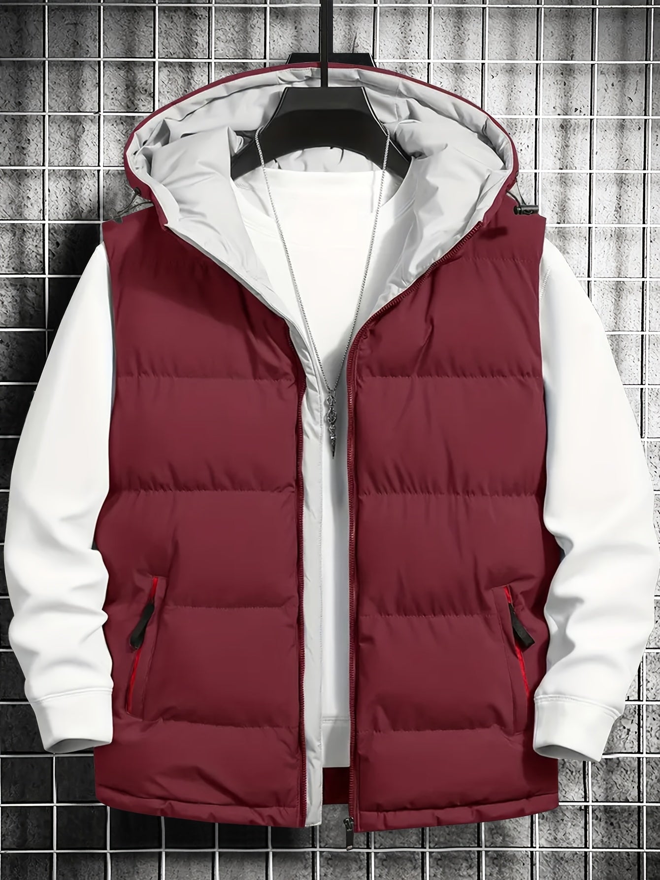 Men's quilted vest with hood, zipper & pockets, padded, black