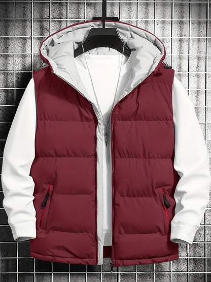 Men's quilted vest with hood, zipper & pockets, padded, black