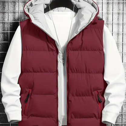 Men's quilted vest with hood, zipper & pockets, padded, black