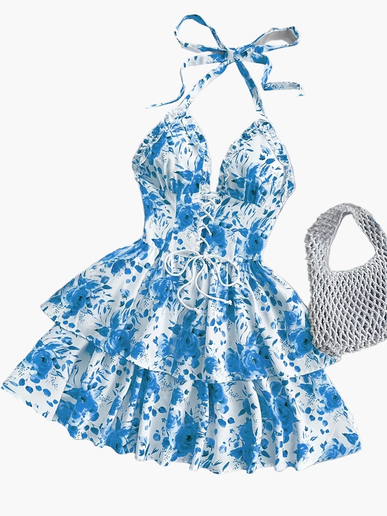 Women's Summer Mini Dress with Rose Pattern, Halterneck, Ruffles, and Lacing – Romantic Casual Dress for Garden Parties & Vacation