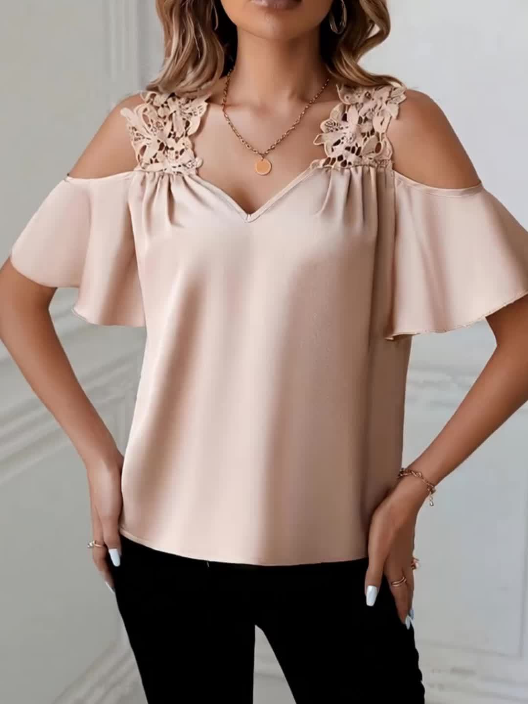 Women's cold-shoulder blouse with lace trim and flounce sleeves – elegant feminine look for office & leisure