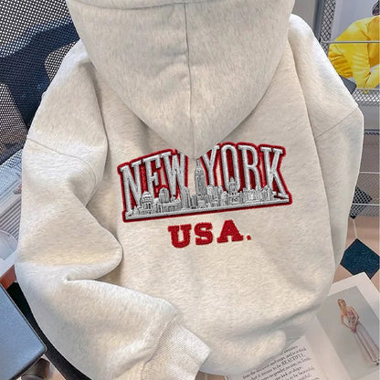 Hoodie with "NEW YORK USA" embroidery, light gray, relaxed fit