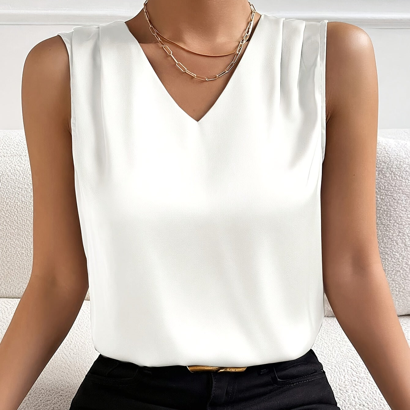 Women's Elegant Sleeveless Top with V-Neck – Business & Casual