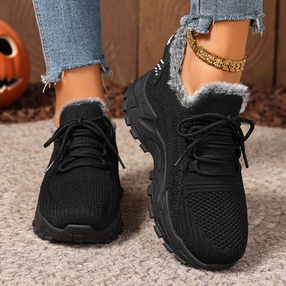 Damen Sneaker mit Strick-Obermaterial und Futter in Pelz-Optik Rot