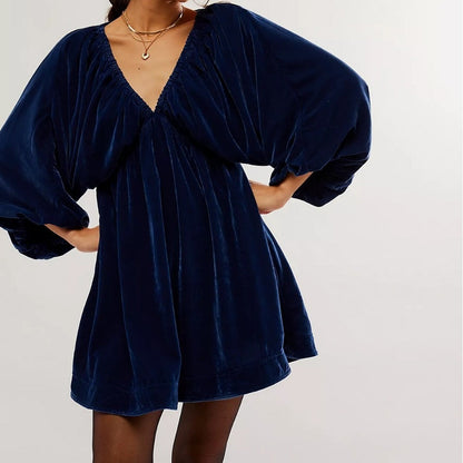 Shirley – Comfortable and Casual Golden V-Neck Velvet Dress