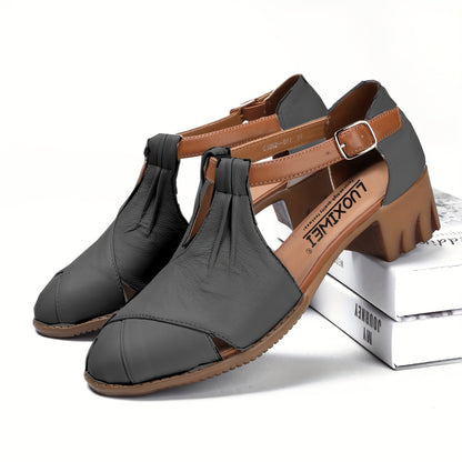 Women's Comfort Sandals with Block Heel and Elegant T-Strap for Everyday and Office Use