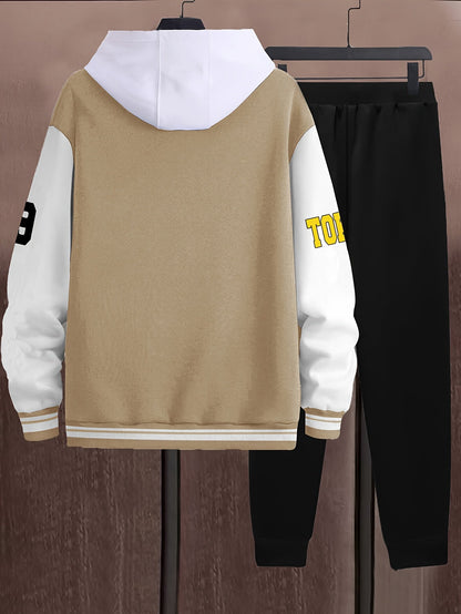 Unisex college jacket and joggers set, two-piece baseball look with print