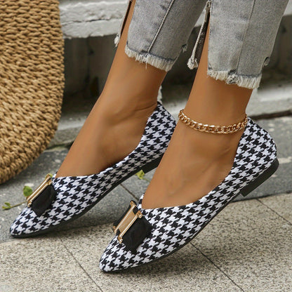 Women's Elegant Houndstooth Lace Shoes with Bow Detail – Stylish Everyday Ballet Flats for Spring & Office