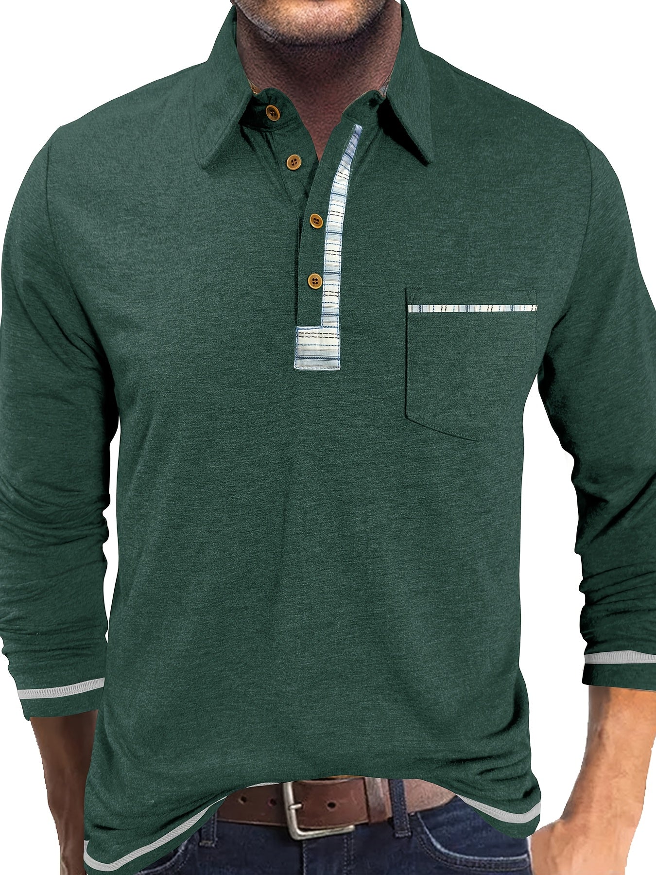 Men's long-sleeved polo shirt with chest pocket and patterned details