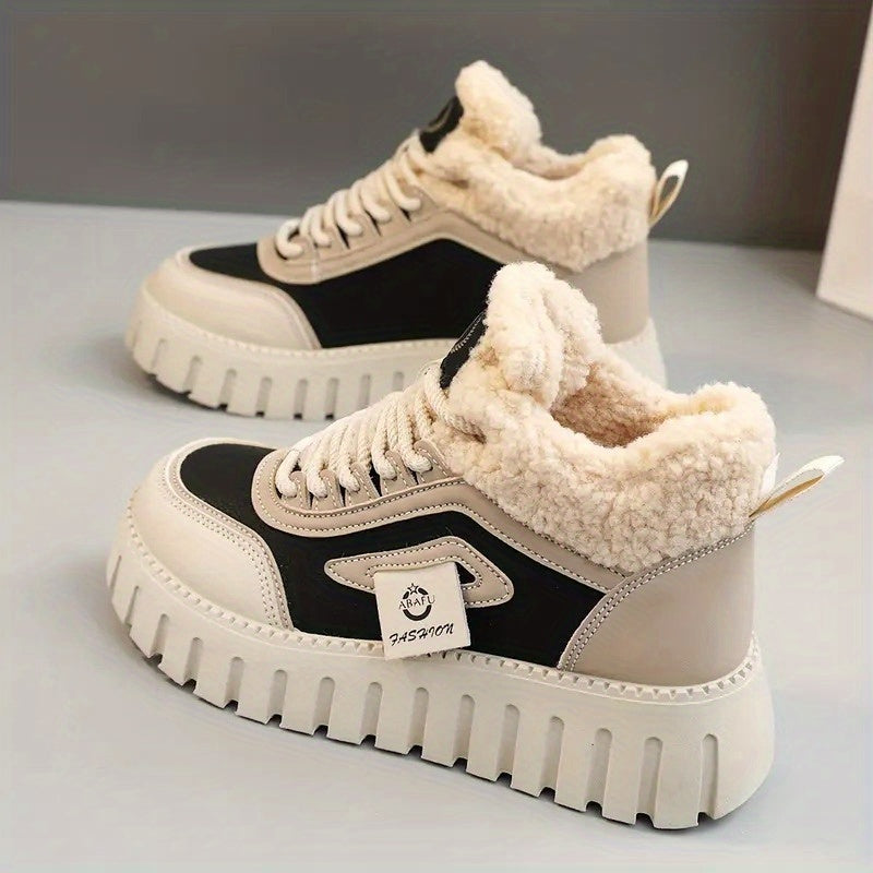 Women's beige and black platform sneakers with lining