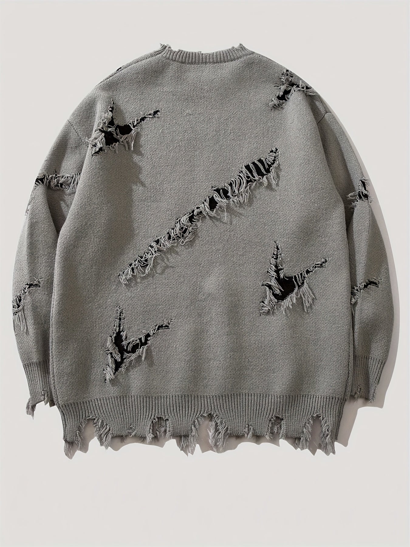Men's chunky-knit crew-neck sweater with colorful portrait print and distressed details
