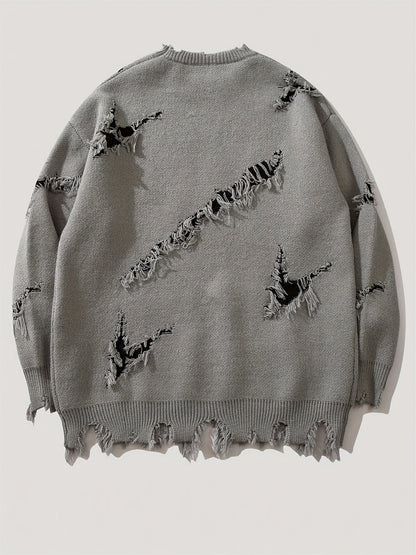 Men's chunky-knit crew-neck sweater with colorful portrait print and distressed details
