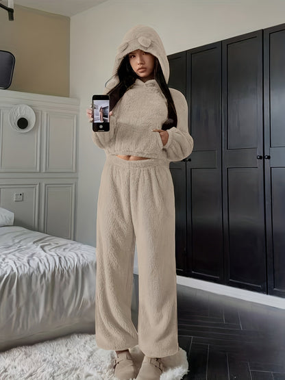 Damen Kuscheliger Loungewear Schlafanzug mit Kapuze und Ohren Plüsch Zweiteiler