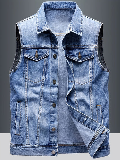 Men's blue sleeveless denim vest with button closure and chest pockets
