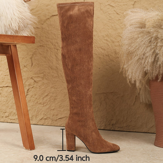 Women's over-the-knee boots, suede-look, block heel, light brown