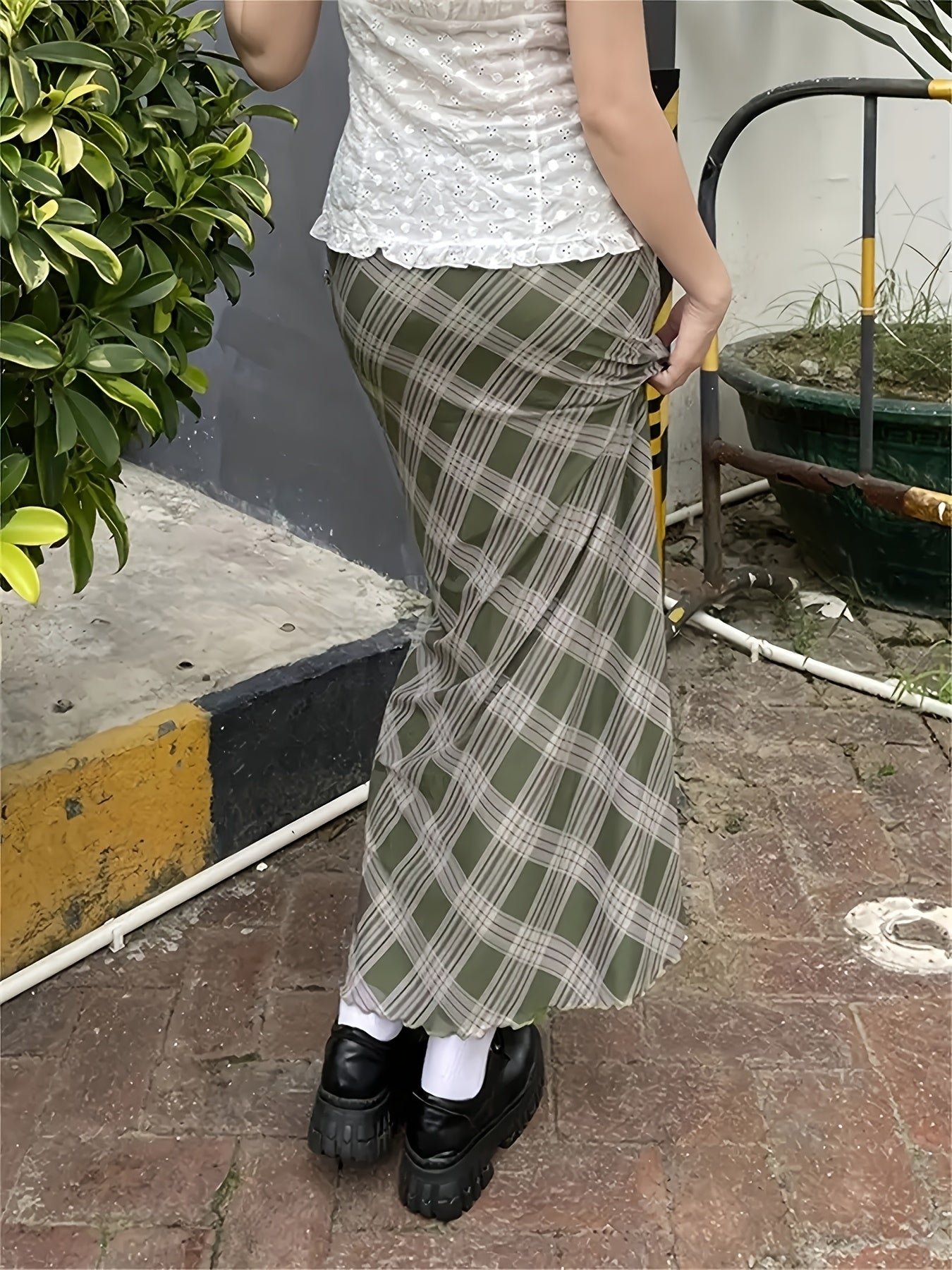Women's Elegant Checked Maxi Skirt Vintage Style – Casual & Everyday