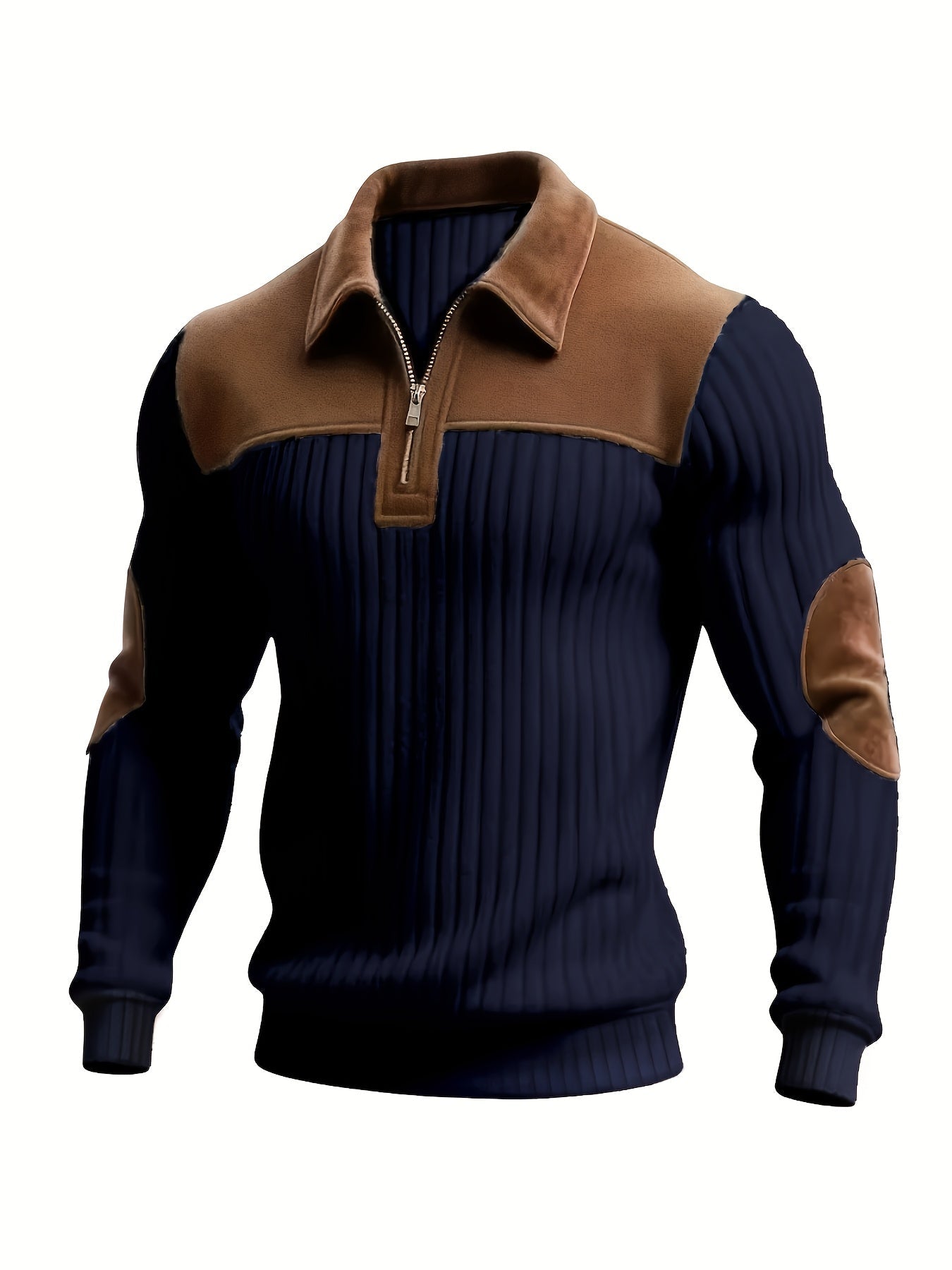 Herren Rippstrick Pullover mit Reißverschlusskragen und Kontrastdetails