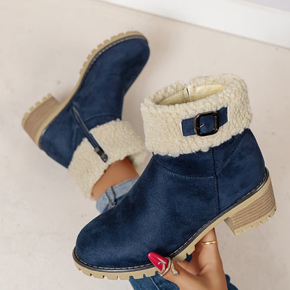 Women’s short winter boots with warm lining, buckle, and heel