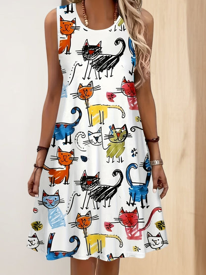 Women's summer dress with cat print, casual, sleeveless, A-line, ideal for everyday wear and leisure