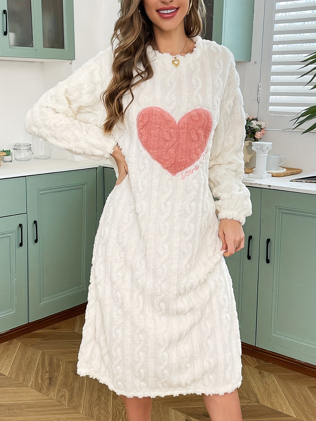 Women's Nightgown, Cozy Plush Long-Sleeve Nightdress with Heart Pattern, White