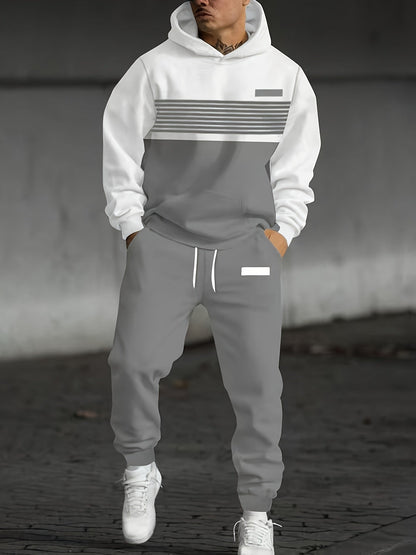 Men's two-piece tracksuit with hoodie and pants, striped color-block design