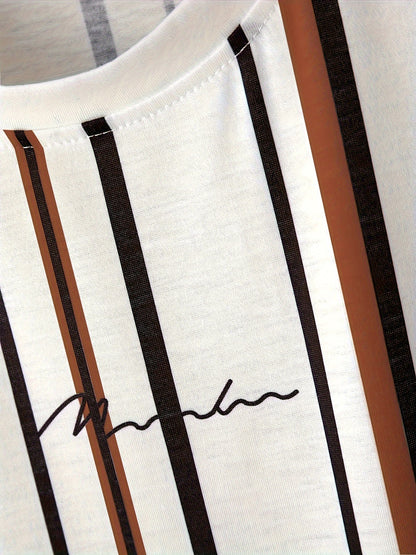 Men's T-shirt with vertical stripe pattern and modern print – Stylish casual shirt