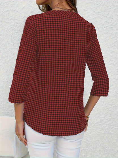 Women's blouse with check pattern and V-neck – casual shirt blouse for spring and summer