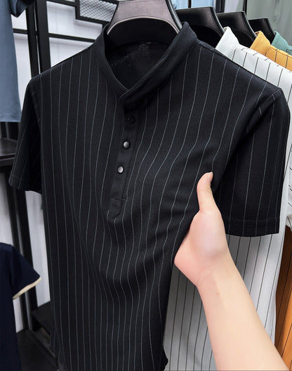 Men's Short-Sleeve Shirt with Stand-Up Collar and Pinstripes – Modern Casual and Business Design