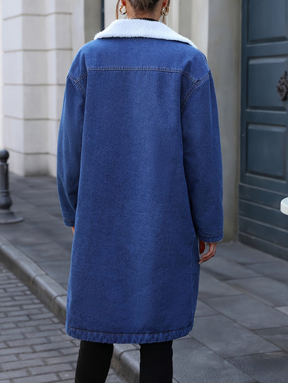 Women's long denim coat with dark blue teddy lining
