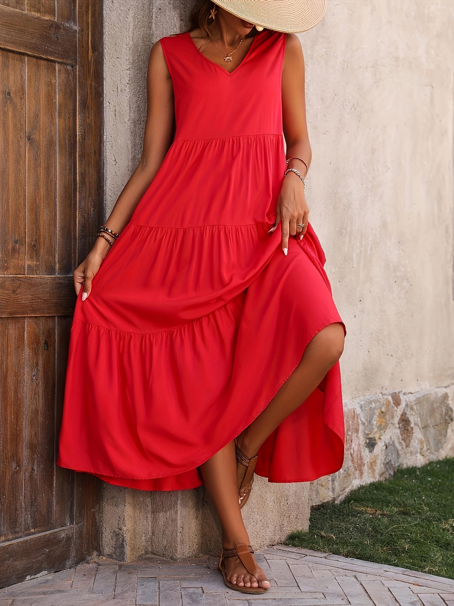 Women's Summer Maxi Dress Elegant with Tiered Skirt and V-Neck – Perfect for Leisure & Vacation