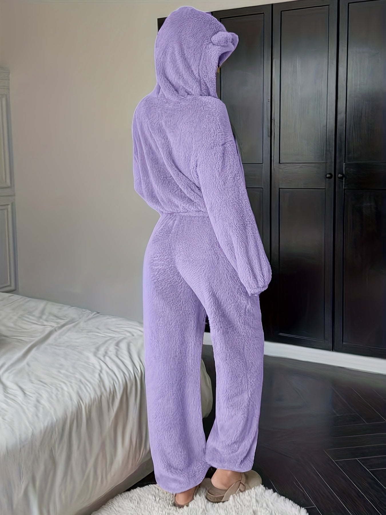 Damen Kuscheliger Loungewear Schlafanzug mit Kapuze und Ohren Plüsch Zweiteiler