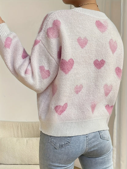 Women's sweater with heart pattern, crew neck, long-sleeve knit sweater