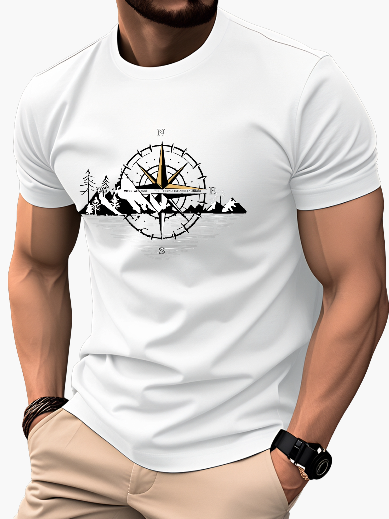 Men's T-Shirt with Compass and Mountain Design – Outdoor Adventure & Casual Look