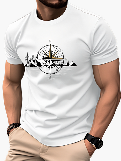Men's T-Shirt with Compass and Mountain Design – Outdoor Adventure & Casual Look